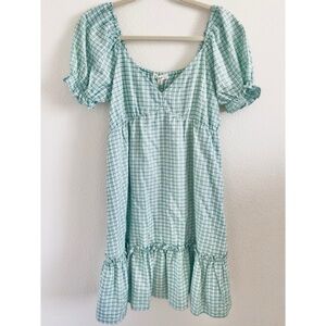 NWOT E&M Gingham Puff Sleeve V Neck Ruffle Surplice Dress Plaid Mint Green White